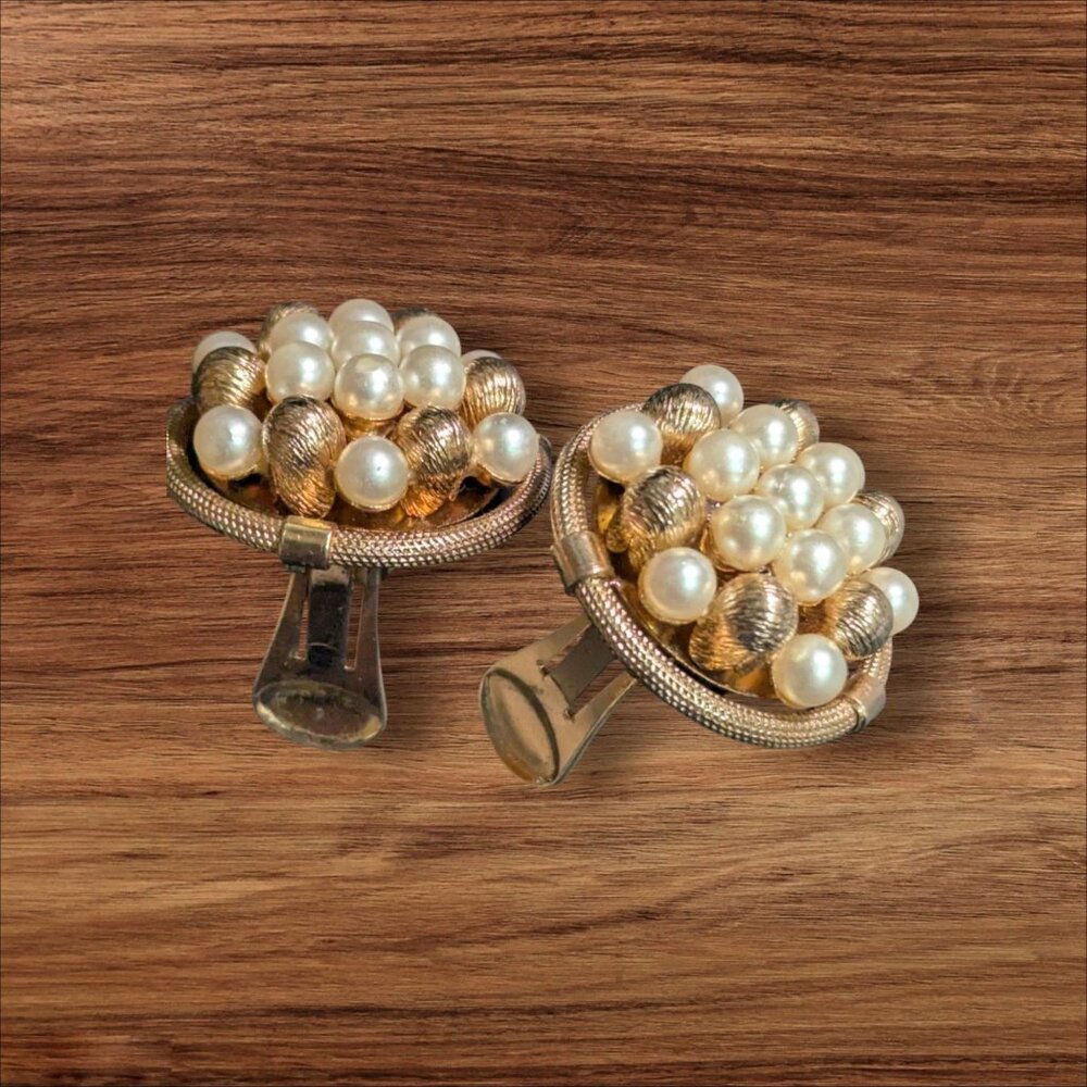 Vintage Gold-Tone Clip-On Earrings With Faux Pearl Cluster & Textured Beads